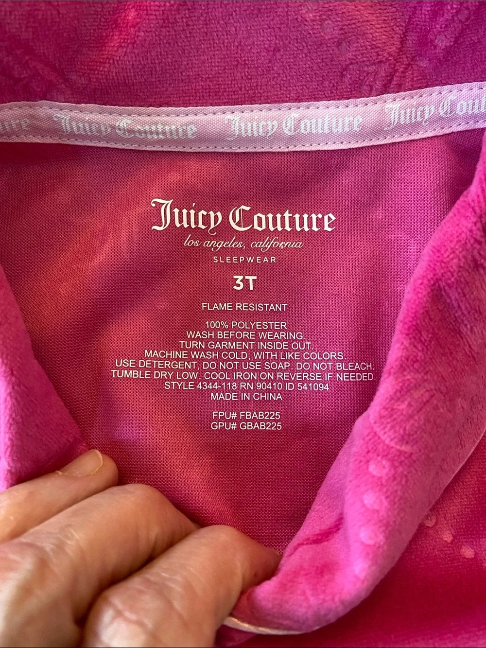 Juicy Couture Bright Pink Velour Button-Front Pajama Set, 3T, NWOT
